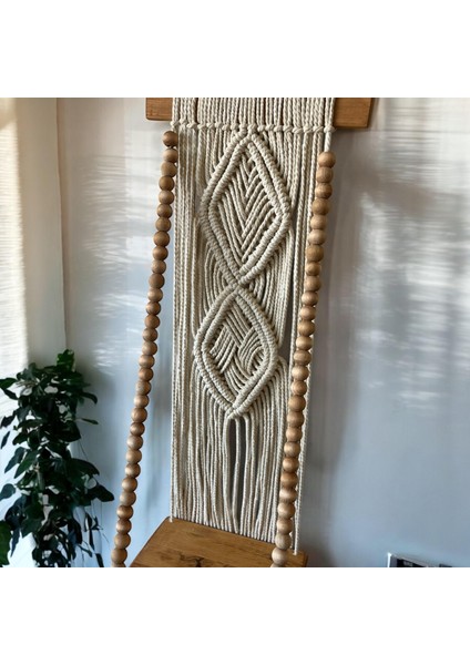 Boncuklu Makrome Duvar Rafı, Bohem El Yapımı Dekoratif Ahşap Raflı Duvar Süsü,