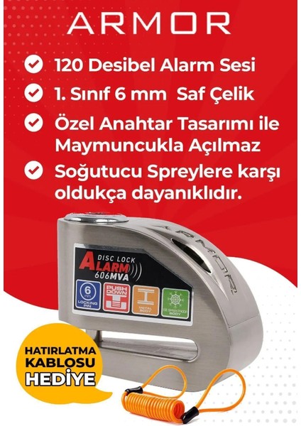 606MVA 6 mm 120 Desibel Motosiklet Alarmlı Disk Kilidi