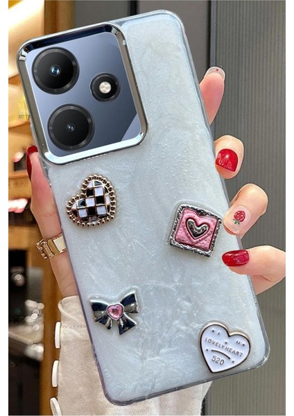 Infinix Hot 30i Uyumlu 3D Taş Kurdele Kelebek Kalp Glitter Işleme Motifli Simli Sert Kapak