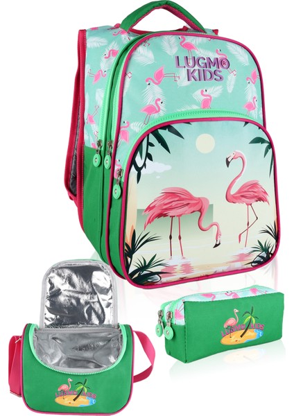 Flamingo 3 Lü Ilkokul Çanta Seti Kız Çocuk Çantası Astarlı Pedli Yeşil-Pembe