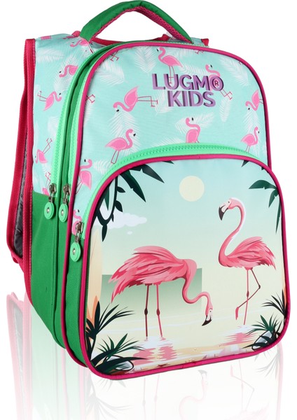 Flamingo 3 Lü Ilkokul Çanta Seti Kız Çocuk Çantası Astarlı Pedli Yeşil-Pembe