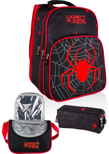 3 Lü Ilkokul Çanta Seti Erkek Çocuk Çantası Astarlı Pedli Örümcekli Siyah