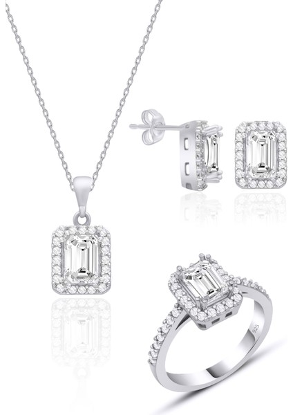 Gümüş Baget Taşlı Üçlü Set Rodyumlu Gümüş Set 925 Ayar ST154