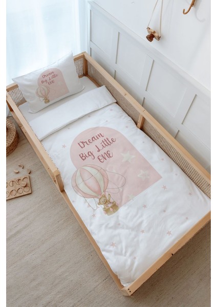 Montessori Nevresim Takımı (100 x 200) - For Baby Serisi - Pembe Balonda Ayı