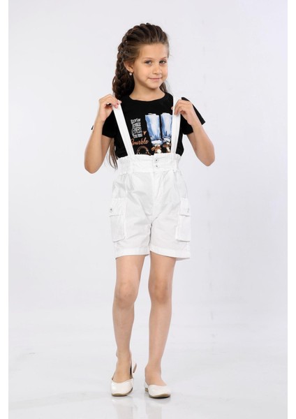 Paraşüt Kumaş-% 100 Pamuk-Yüksek Bel-Çift Düğmeli-Kargo Cepli-Salopetli-Kız Çocuk Şortu