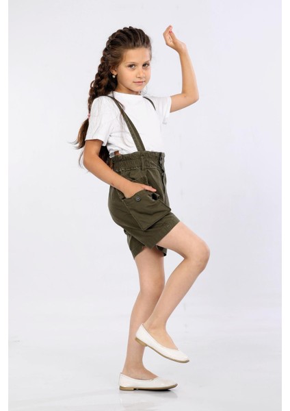 Paraşüt Kumaş-% 100 Pamuk-Yüksek Bel-Çift Düğmeli-Kargo Cepli-Salopetli-Kız Çocuk Şortu