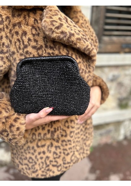 Parlak Metalik Siyah Renk Portföy Clutch Burslu Çanta