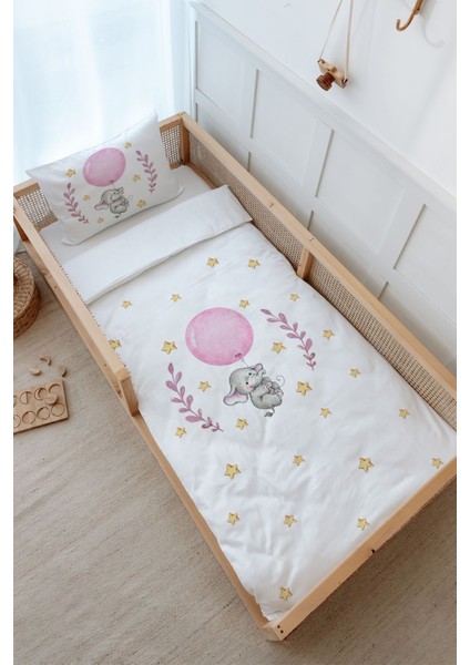 Montessori Nevresim Takımı (100 x 200) - For Baby Serisi - Pembe Büyük Balonlu Fil