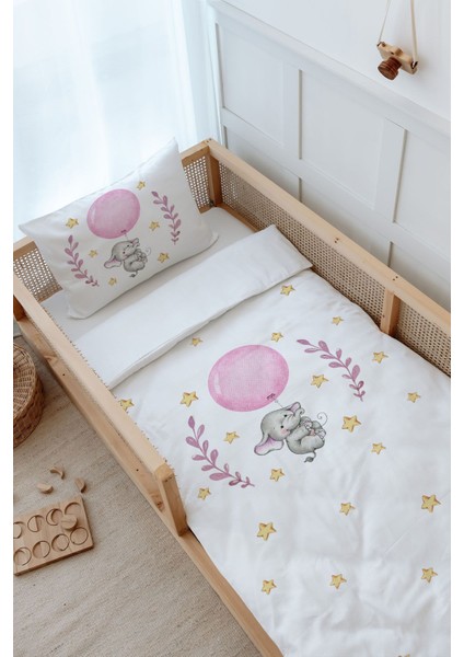 Montessori Nevresim Takımı (100 x 200) - For Baby Serisi - Pembe Büyük Balonlu Fil modelleri