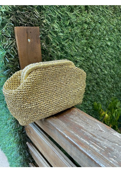 Gold Altın Sarı Parlak Metalik Ip Detaylı Portföy Clutch Çanta