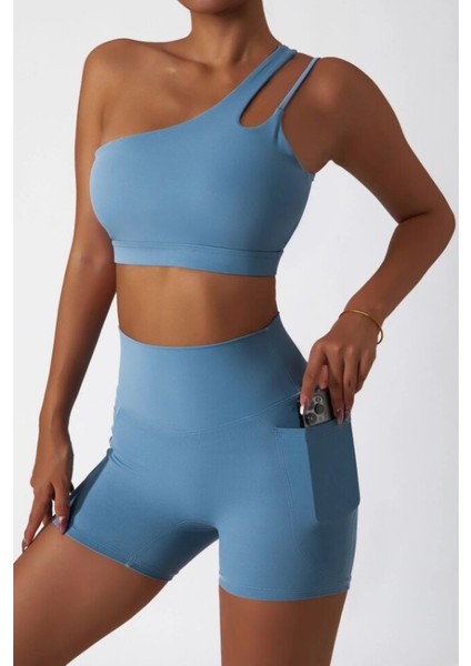 Kadın Bebe Mavisi Omuz ve Sırt Detaylı Askılı Desteksiz Push Up Cepli Tayt Takım Yoga /spor /plates modelleri