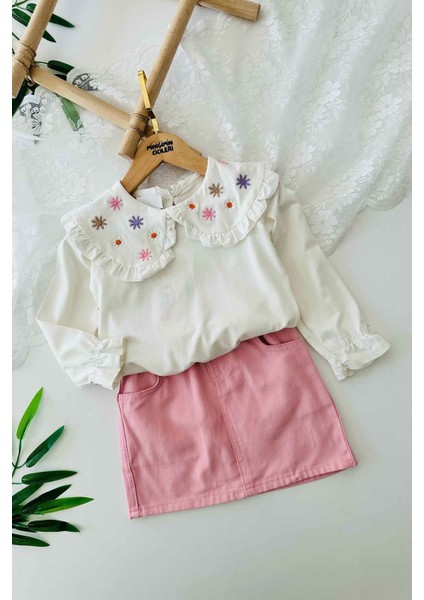Yaka Çiçek Nakış Detaylı Kız Çocuk Renkli etekli takım - Pembe fiyatları