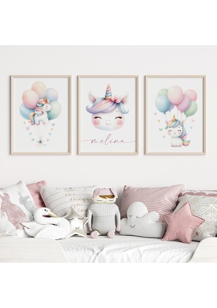 Unicorn Temalı Bebek ve Çocuk Odası 3'lü Tablo Isim Seti