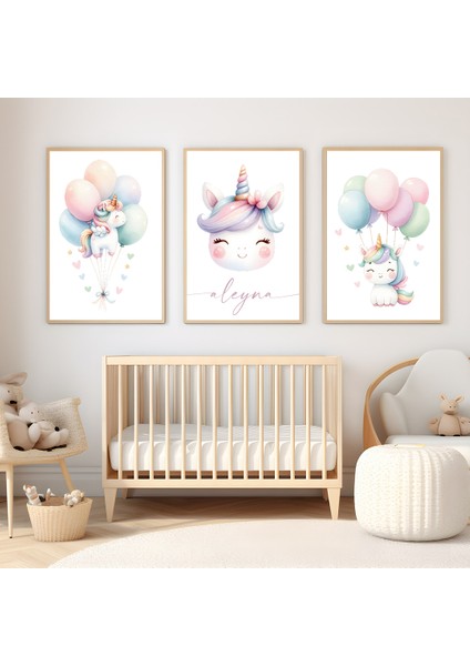 Unicorn Temalı Bebek ve Çocuk Odası 3'lü Tablo Isim Seti
