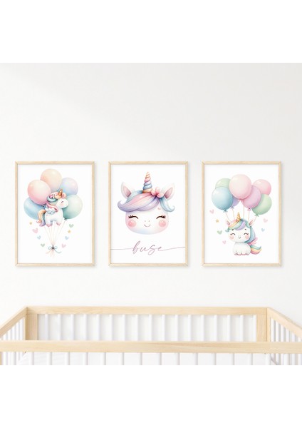 Unicorn Temalı Bebek ve Çocuk Odası 3'lü Tablo Isim Seti