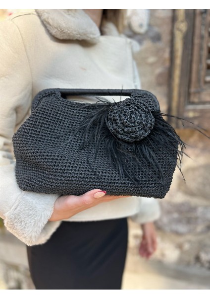 Gül Detaylı Hasır Handmade Çanta
