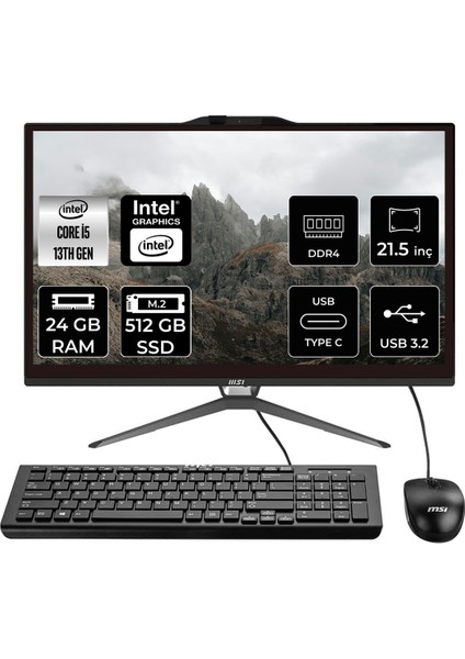 Msı Pro AP222T Intel Core I5 13400 24GB 512GB SSD 21.5" Fhd Fdos Multi-Touch All In One Bilgisayar & Per4 USB Bellek 13M091XEUP322
