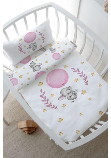 Park Yatak Nevresim Takımı (80 x 120) - For Baby Serisi - Pembe Büyük Balonlu Fil