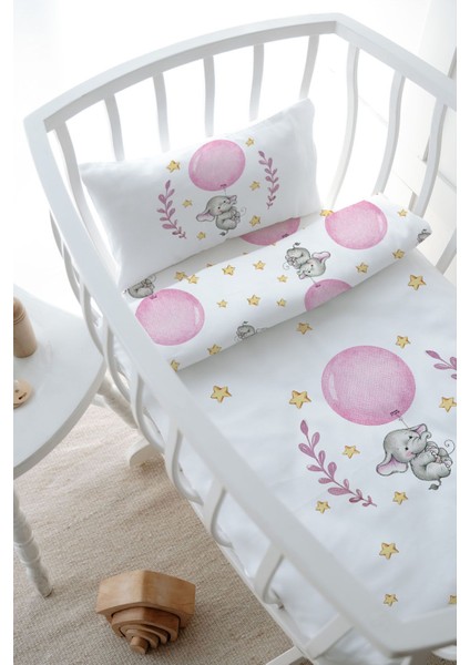 Park Yatak Nevresim Takımı (80 x 120) - For Baby Serisi - Pembe Büyük Balonlu Fil