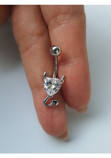 Şeytan Devil Beyaz Kalp Çelik Gümüş Renk Zirkon Göbek Piercing fiyatları