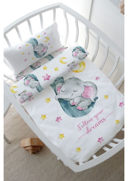 Park Yatak Nevresim Takımı (80 x 120) - For Baby Serisi - Hortumda Uyuyan Pembe Fil