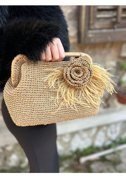 Gül Detaylı Hasır Handmade Çanta modelleri