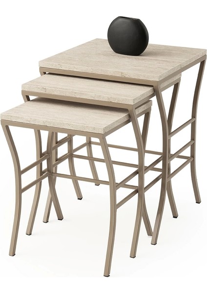 Eyfl Ahşap 3 Lü Zigon Sehpa Metal Ayaklı Mermer Desen Sidon