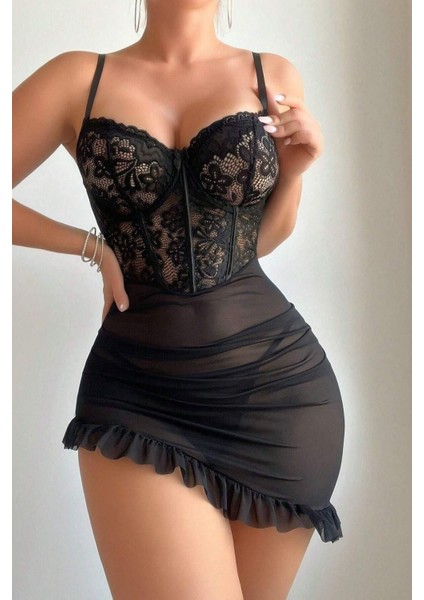 2 Parça Siyah Balen Telli Fırfırlı Tanga ve Gecelik