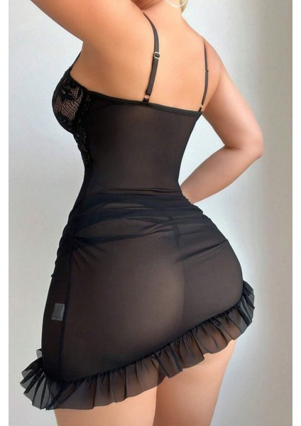 2 Parça Siyah Balen Telli Fırfırlı Tanga ve Gecelik fırsatları