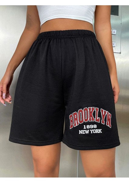 Brooklyn 1898 Penye Şort - Siyah Baskılı Kısa Kordonsuz modelleri