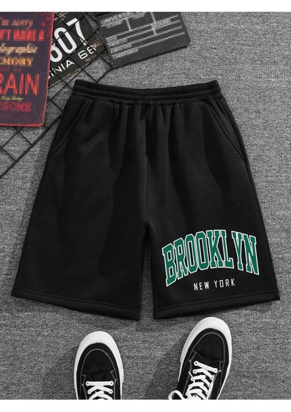 Brooklyn New York Penye Şort - Siyah Baskılı Kısa Kordonsuz