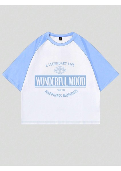 Wonderful Mood Süprem Crop T-Shirt - Beyaz Bebe Mavi Baskılı Oversize Bisiklet Yaka Tişört