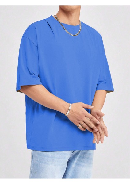 Basic Süprem T-Shirt - Sax Mavi Oversize Bisiklet Yaka Tişört
