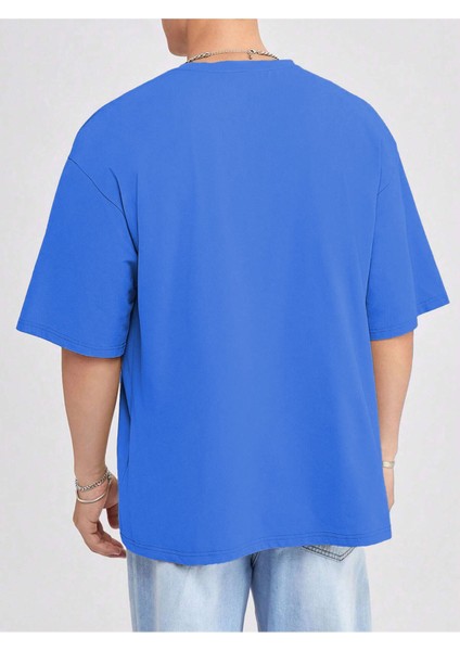 Basic Süprem T-Shirt - Sax Mavi Oversize Bisiklet Yaka Tişört