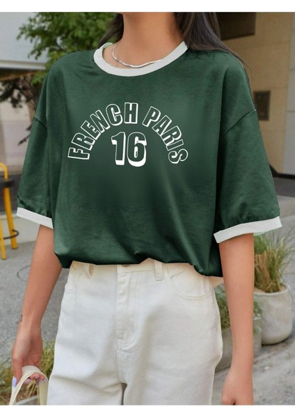 French Paris Parçalı Süprem T-Shirt - Yeşil Beyaz Oversize Bisiklet Yaka Kısa Kol Tişört