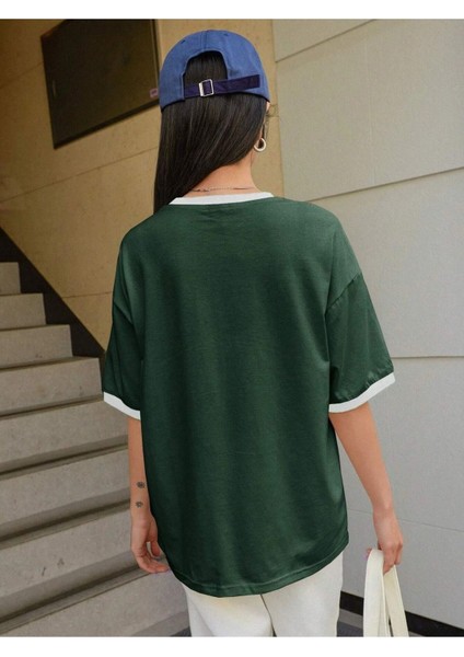 French Paris Parçalı Süprem T-Shirt - Yeşil Beyaz Oversize Bisiklet Yaka Kısa Kol Tişört fiyatları