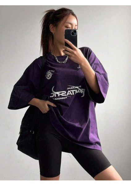 Fantastıc Süprem T-Shirt -Mor Baskılı Oversize Bisiklet Yaka Tişört fiyatları