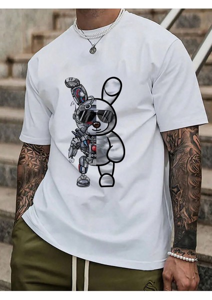 Robotic Rabbit Süprem T-Shirt - Beyaz Baskılı Oversize Bisiklet Yaka Tişört