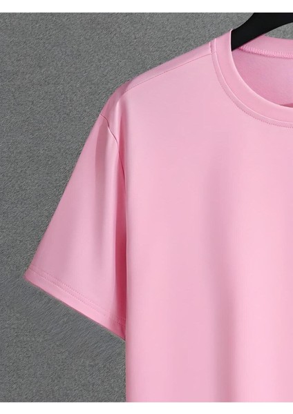 New Desıgn T-Shirt Şort - Pembe Alt Üst Kombin Şort Tişört Takım Baskılı Oversize Bisiklet Yaka