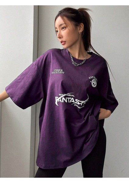 Fantastıc Süprem T-Shirt -Mor Baskılı Oversize Bisiklet Yaka Tişört modelleri