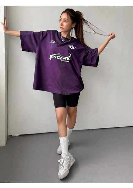 Fantastıc Süprem T-Shirt -Mor Baskılı Oversize Bisiklet Yaka Tişört fırsatları