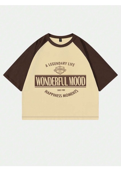 Wonderful Mood Süprem Crop T-Shirt - Bej Kahve Baskılı Oversize Bisiklet Yaka Tişört