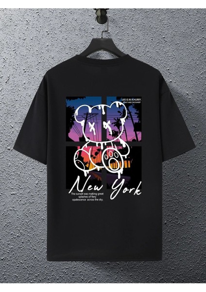New York Bear Süprem T-Shirt - Siyah Baskılı Oversize Bisiklet Yaka Tişört fiyatları