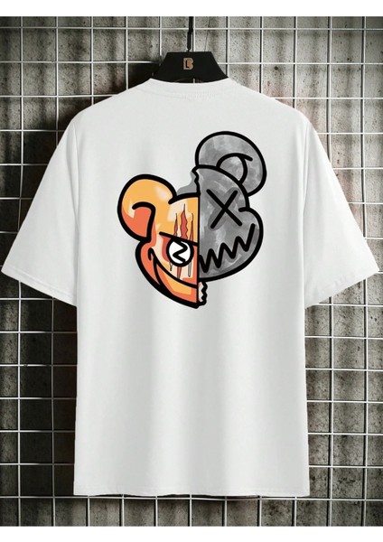 Çift Yüz Ayıcık Süprem T-Shirt - Beyaz Baskılı Oversize Bisiklet Yaka Tişört