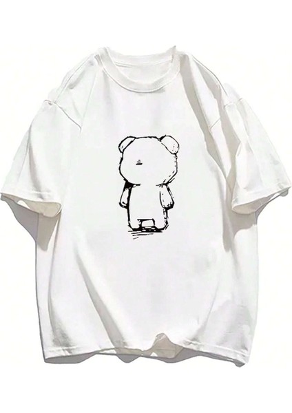 Lonely Bear Süprem T-Shirt - Beyaz Baskılı Oversize Bisiklet Yaka Tişört modelleri
