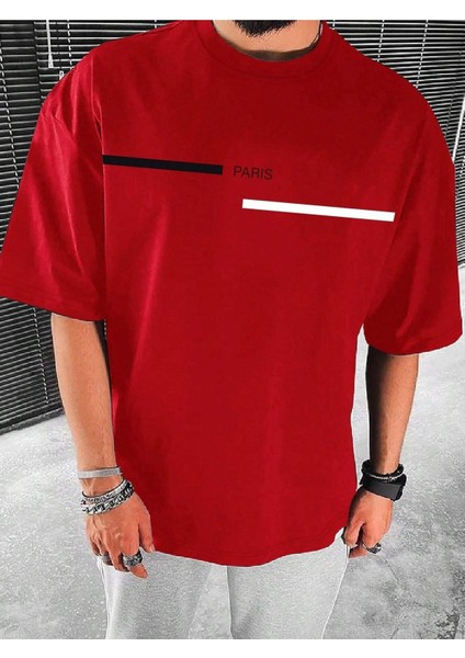 Paris Çizgi Süprem T-Shirt - Kırmızı Baskılı Oversize Bisiklet Yaka Tişört