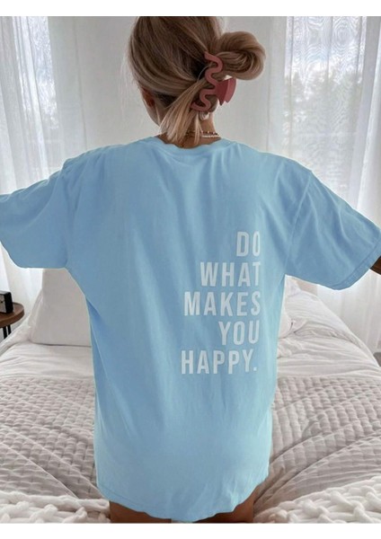 Makes Happy Süprem T-Shirt - Bebe Mavisi Baskılı Oversize Bisiklet Yaka Tişört