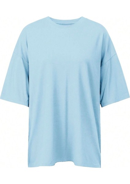 Makes Happy Süprem T-Shirt - Bebe Mavisi Baskılı Oversize Bisiklet Yaka Tişört fiyatları
