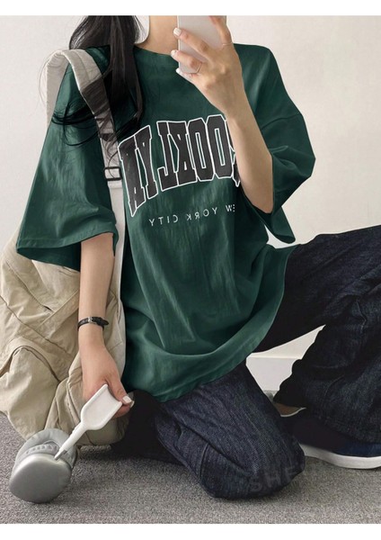 Brooklyn Letter Süprem T-Shirt - Yeşil Baskılı Oversize Bisiklet Yaka Tişört fiyatları