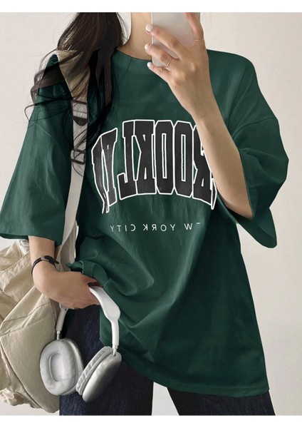 Brooklyn Letter Süprem T-Shirt - Yeşil Baskılı Oversize Bisiklet Yaka Tişört modelleri